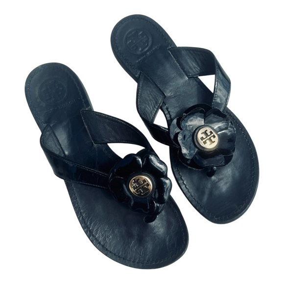 Tory Burch Shoes - Tory Burch Breely Black Patent Gold Logo Flower Flip-Flops Sandals US 7